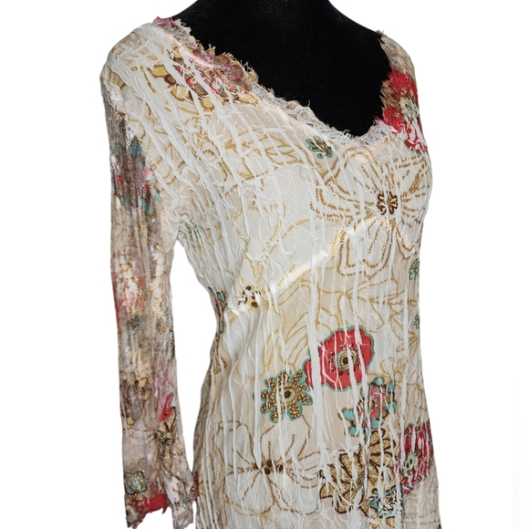 Komarov Crinkle y2k floral Print Dye Tunic lace Long Sleeve long Blouse or dress - Picture 7 of 9